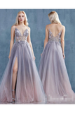 See Through Jeweled Glitter A-Line Prom Dress With High Slit Deep V Neck Long Formal STGPX9EQ898