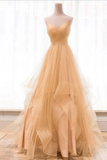 Spaghetti Straps V Neck Sparky Long Prom Dress Backless Pleated Tulle Party STGPBA8153J