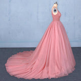 Ball Gown V Neck Tulle Prom Dress with Beads, Puffy Pink Sleeveless Quinceanera Dresses STG15074