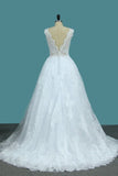 2024 A Line Lace V Neck Wedding Dresses With Applique Open Back P81HSPMH