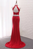 2024 High Neck Spandex Two Pieces Prom Dresses With Applique And Beads PEYX921K