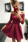 Cute Off the Shoulder Long Sleeves Burgundy Lace Homecoming Dresses Sweet 16 Dresses STG14972