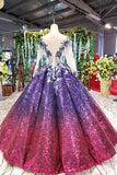 Ball Gown Ombre Sparkly Long Sleeve Sequins Prom Dresses, Quinceanera Dresses STG15066