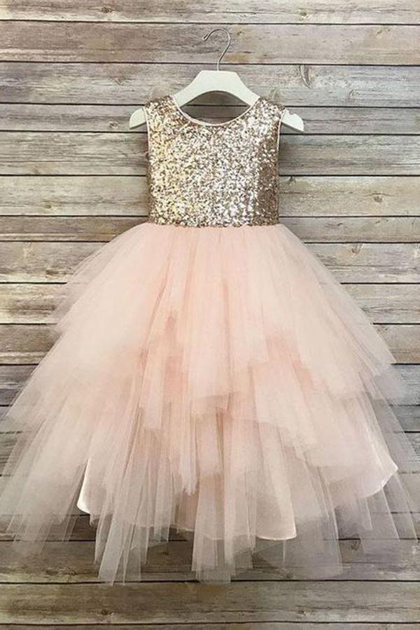Princess A Line Gold Sequin Round Neck Blush Pink Cute Tulle Baby Flower Girl Dress