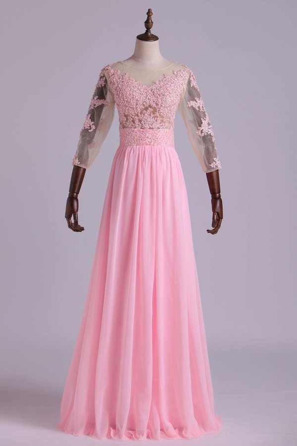 2022 Mid-Length Sleeve A-Line Scoop Chiffon Prom Dresses Floor-Length With Applique & PN9R76LN