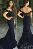 Mermaid Off-the-Shoulder Sweep Train Navy Blue Appliques Satin Prom Dresses
