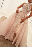 Mermaid High Neck Court Train Detachable Light Pink Lace Quinceanera Dress Prom Dresses