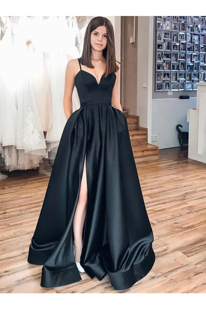 Black Spaghetti Straps Split Long Satin Prom Dress A Line Simple Long Formal STGP5G4JRHJ