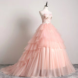 Princess Ball Gown Pink 3D Lace Multi-layered Prom Dresses, Tulle Quinceanera Dresses STG15292