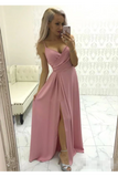 Simple Satin Evening Gown Spaghetti Straps Prom Dress With Pleats And High STGPMRMS38T