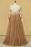 2022 Plus Size Long Sleeves V-Neck A-Line Prom Gown Tulle With Sash & PGJ8KANH