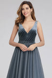 A-Line V-Neck Sleeveless Blue Floor-length Evening Dress Cheap Prom Dresses STG15055