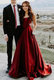 Elegant A Line Red Spaghetti Straps Satin Prom Dresses with Pockets, Evening STG20410
