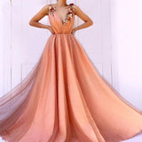 Charming Orange 3D Flowers Long Prom Dresses V-neck Tulle Cheap Evening Dresses STG15120