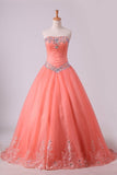 2024 Quinceanera Dresses Ball Gown Strapless Tulle With Applique PZRZ7DTH