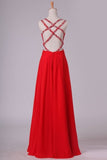 2022 Red A Line Prom Dresses Spaghetti Straps Open Back With Ruffles And PEG3ET39