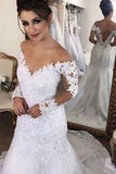 2022 Mermaid/Trumpet V-Neck Tulle Wedding Dresses With Applique Long Sleeves P2JCR8QQ