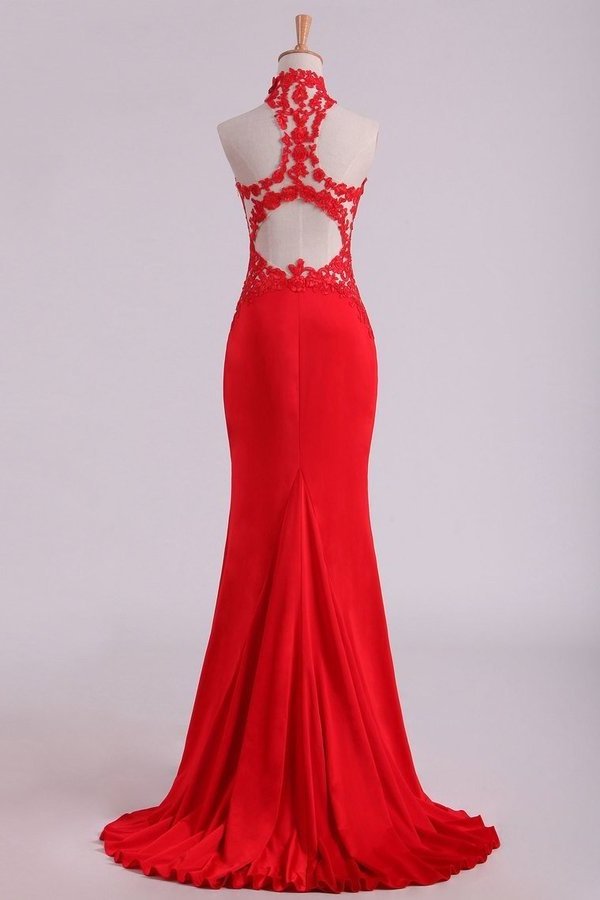 2022 Red High Neck Open Back Prom Dresses With Applique Sweep PA75B5ZT