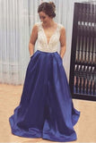 2024 A Line V Neck Prom Dresses Satin With Beading Sweep Train P3JZ84GY