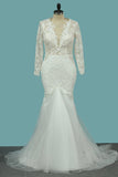 2024 Scoop Long Sleeves Sheath Wedding Dresses Tulle & Lace With PTYR7ZMZ