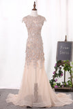 2022 Open Back Mermaid Wedding Dresses Scoop Tulle With Applique PJCF67R4