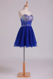 2022 New Arrival Dark Royal Blue A Line Sweetheart Homecoming Dresses Tulle Short With P34MYTXA