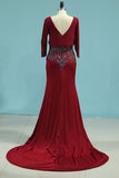 2024 Prom Dresses V Neck 3/4 Length Sleeves Mermaid With Beads PPSJ3GAP