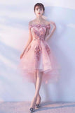 Pink Lace Tulle Short Prom Dress Off-the-Shoulder Appliques Lace up Homecoming Dresses STGPST13190