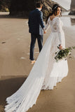 Charming A Line Long Sleeves V Neck Lace Ivory Beach Wedding Dresses, Bridal STG20395