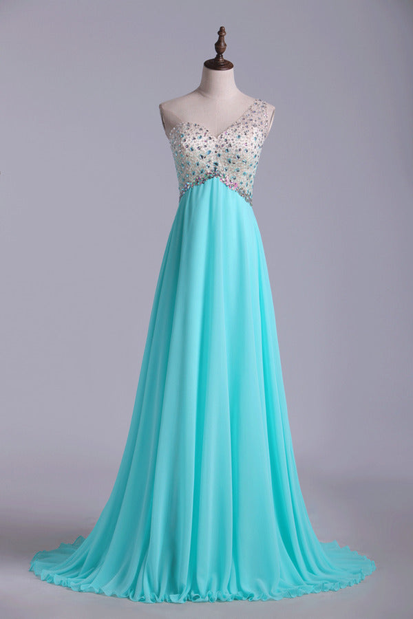 2022 Prom Dresses A Line One Shoulder Tulle & Chiffon Sweep Train With PK4Q2PLC