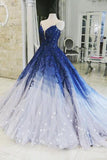 Ombre Ball Gown Royal Blue Prom Dresses With Appliques, Long V Neck Quinceanera Dresses STG15275
