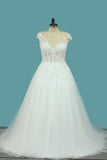 2024 A Line Tulle Cap Sleeve Scoop Wedding Dresses With Applique PATJGZ9T