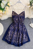 A Line Spaghetti Straps Lace V Neck Navy Blue Homecoming Dresses, Sweet 16 Dresses STG15555