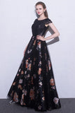 2024 Black Prom Dresses Scoop A-Line Floral Print Sexy Long Lace PKND18NP