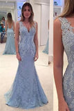 Sexy Deep V-neck Lace Appliques Open Back Backless Custom Made Long Prom Dresses