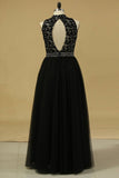 2024 A Line High Neck Prom Dresses Tulle With Beading Floor PNE1SM4C