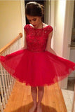 Red A-Line Tulle Sleeveless Scoop Beading Knee-Length Homecoming Dresses