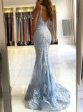Chic Sky Blue Mermaid Spaghetti Straps Lace Long Prom Dresses
