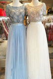 Tulle Scoop Neck A-line Floor-length with Beading Two Piece Short Sleeve Prom Dresses