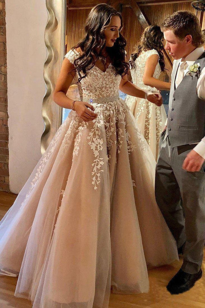 A Line Cheap Nude Quinceanera Dress Lace Appliques Cap Sleeve Beaded Prom Dresses