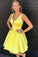 A-Line V-Neck Short Cute Prom Dresses Yellow Satin Homecoming Dresses