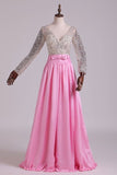 2024 Prom Dresses V Neck Long Sleeves A Line With Beading PT8KRQFQ