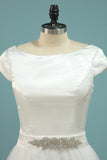 2024 A Line Bateau Short Sleeves Satin & Tulle With Beads PGRTPFCS