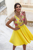 Yellow Floral Satin Illusion Back Daffodil V Neck Homecoming Dresses Short Cocktail Dresses STG14985