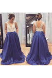 2024 A Line V Neck Prom Dresses Satin With Beading Sweep Train P3JZ84GY