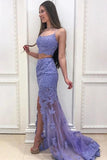 Elegant Two Pieces Mermaid Lilac Lace Slit Long Prom Dresses, Formal STG20417