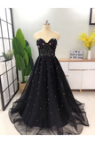 Elegant A Line Sweetheart Strapless Black Tulle Prom Dresses With STGPT11F6GE