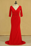 2024 Red Plus Size Mother Of The Bride Dresses V Neck 3/4 Length Sleeve Spandex With P1ZBBAAR