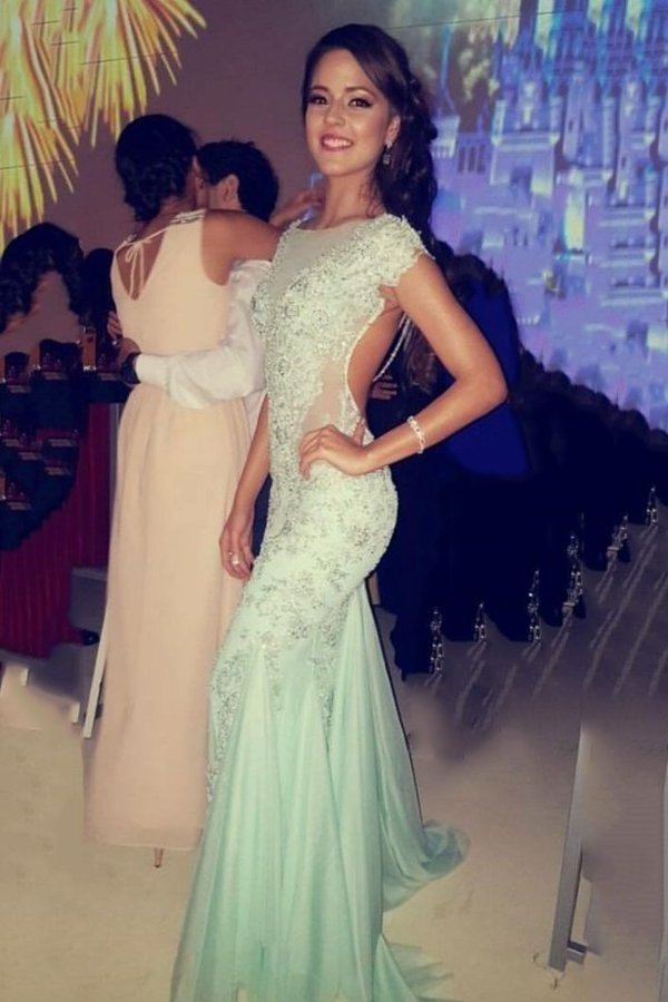 2022 Open Back Mermaid Scoop Prom Dresses Tulle With Applique PQG9G6BJ
