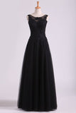2024 Black Bateau Evening Dresses Tulle With Applique & Beads Floor PJBPXM3T